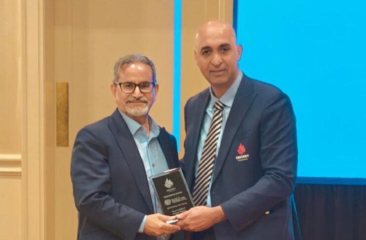 President of Cricket Canada, receives a souvenir from former President Raspal Bajwa during the AGM 2024 in Toronto (Photo: Adrees Malik/Current Line)